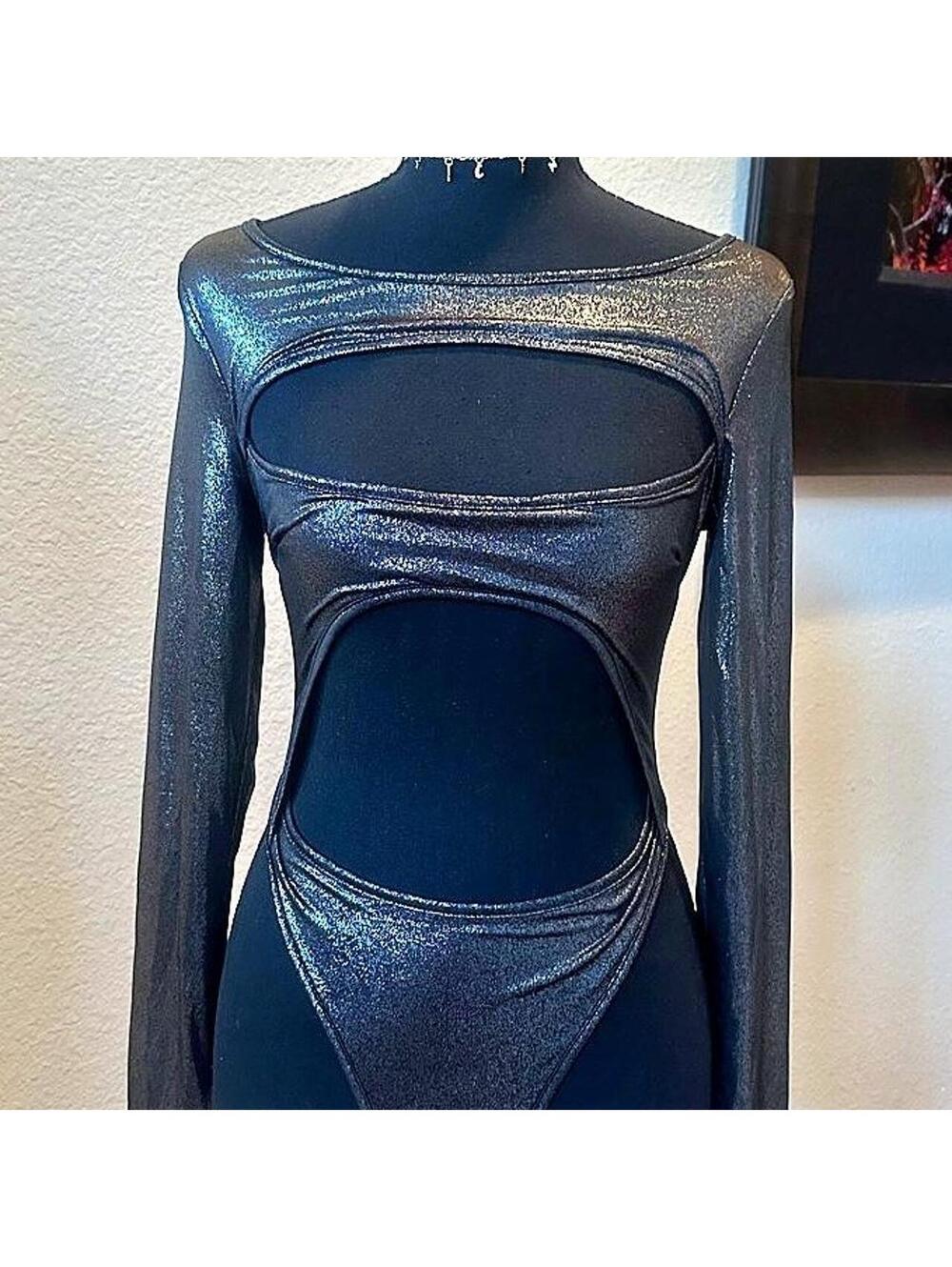 iHeartRaves Metallic Black Cutout Bodysuit | Y2K Rave